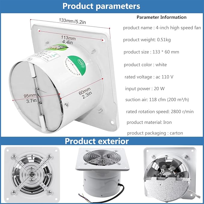 4'' Wall-Mounted Exhaust Fan, Small Bathroom Metal Iron Ventilation Fan - Image 3