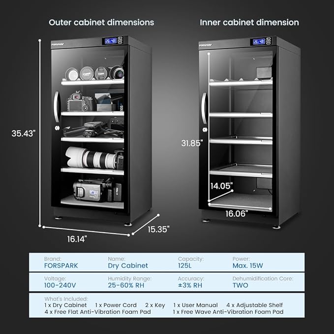 FORSPARK 125L Dual-Core Camera Dehumidifier Dry Cabinet, Quiet Humidity Control - Image 8