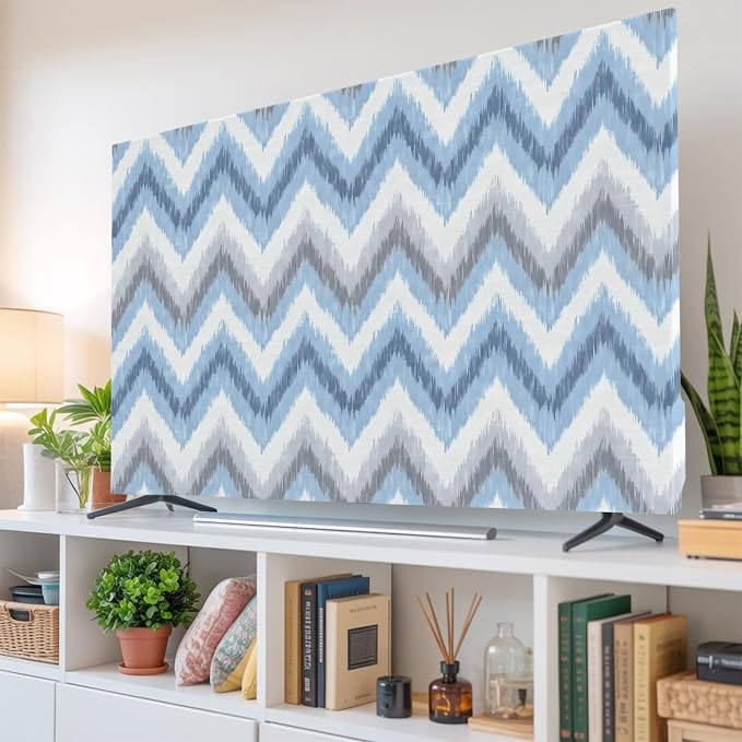 Blue Gray Zigzag Chevron Indoor TV Cover, Elastic TV Screen Protector Abstract by Unknown