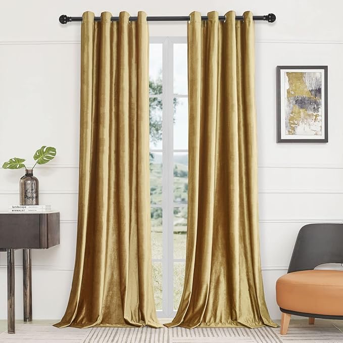 BULBUL Velvet Gold Curtains 63 inch Length- Living Room Blackout Thermal Window - Image 2