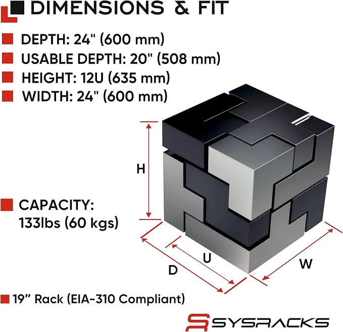 Sysracks 12U Wall Mount Server Rack Cabinet, 19” Locking Network Rack, 24” Deep - Image 3