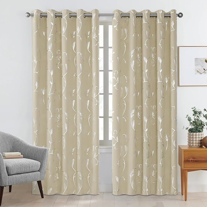 BUHUA Silver Grey Blackout Curtain 2 Panel Set Vine Foil Print Thermal - Image 2