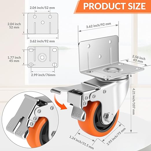 Caster Wheels, 3 Inch L-Shaped Casters Set of 4 Heavy Duty, Locking Caster - Image 2
