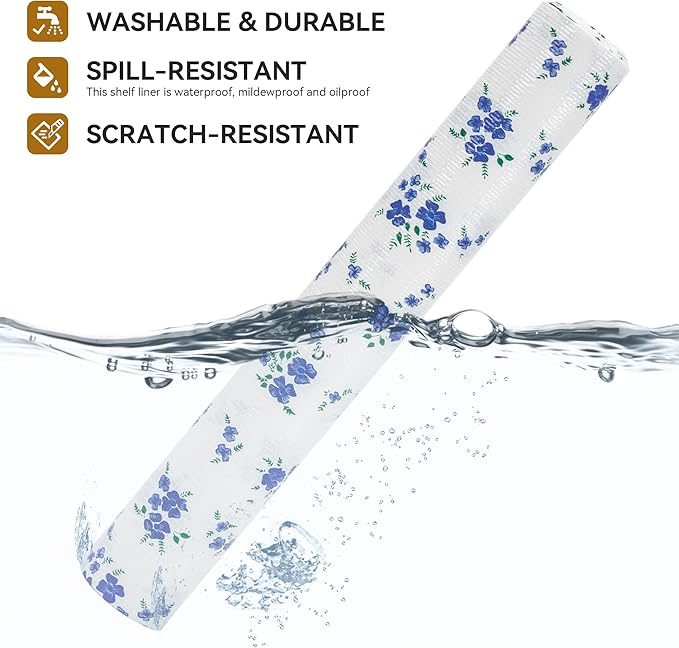 RAY STAR Shelf Liner, 12 Inch x 20 Feet Non Adhesive Blue Floral Kitchen - Image 2