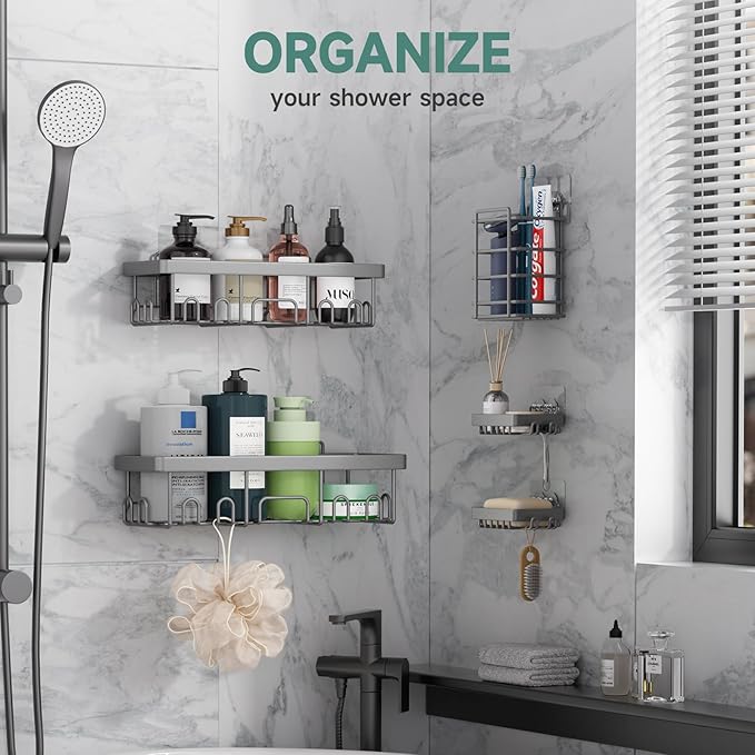 Veken Adhesive Shower Caddy 5-Pack, Heavy Weight Bearing, Large Wall Mounted - Image 2