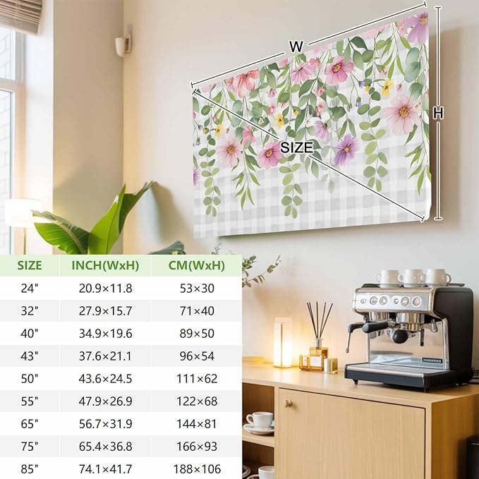 Country Spring Flowers Indoor TV Cover, Elastic TV Screen Protector Gray White - Image 3