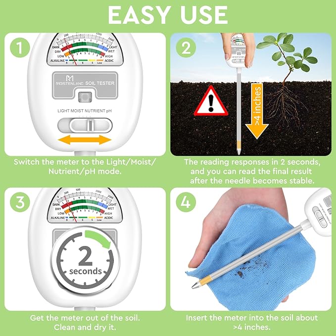 Soil Moisture Meter, 4-in-1 Soil pH Tester, Moisture/Light/Nutrients/pH Meter - Image 8
