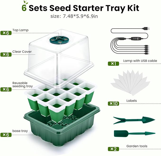 6 Packs Seed Starter Tray with Grow Lights, 72 Cells Silicone Seed Starter Kits - Image 8