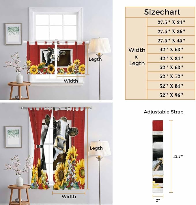 Cows Sunflowers Bedroom Curtains 63 Inch Length, Window Curtains Tab Top - Image 8