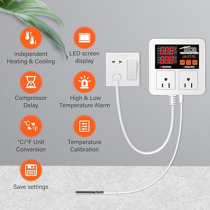 iPower Temperature Controller 1200W 10A Dual Digital Outlet Thermostat Plug - Image 3