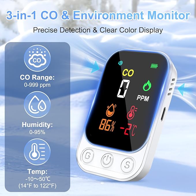 Portable Carbon Monoxide Detectors, 3-in-1 CO Detector – Mini CO, Temp & - Image 2