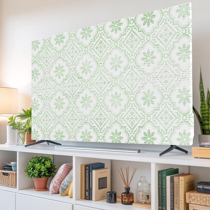 Abstract Damask Green Floral Indoor TV Cover, Elastic TV Screen Protector by Unknown