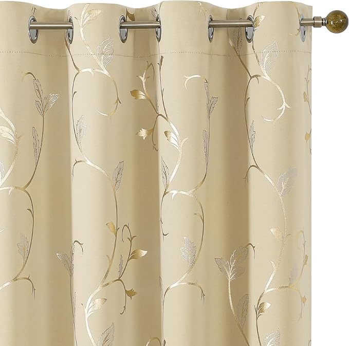 BUHUA Blackout Curtains Gold Foil Print Flower Vine Grommet Drapes, Room by BUHUA
