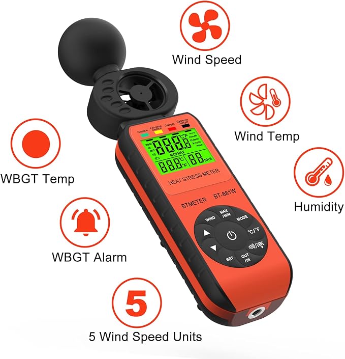 BTMETER BT-881W Heat Stress Meter Anemometer, Digital Indoor/Outdoor WBGT Meter - Image 2