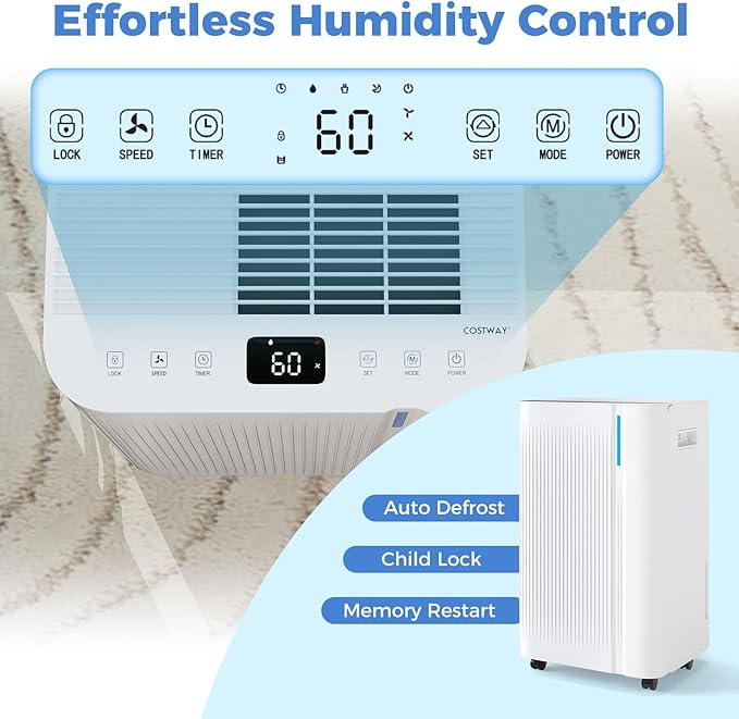 COSTWAY 54 Pints Dehumidifier for Basement, 4500 Sq.Ft Portable Dehumidifier - Image 3