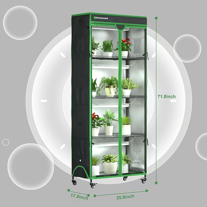 Indoor Greenhouse with Grow Light, 35.8" W x 17.8" D x 71.8" H, 5-Tier Plant - Image 3