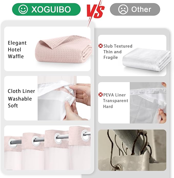 No Hook Shower Curtain and Liner Set, Blush Pink Hotel Waffle Shower Curtain - Image 5