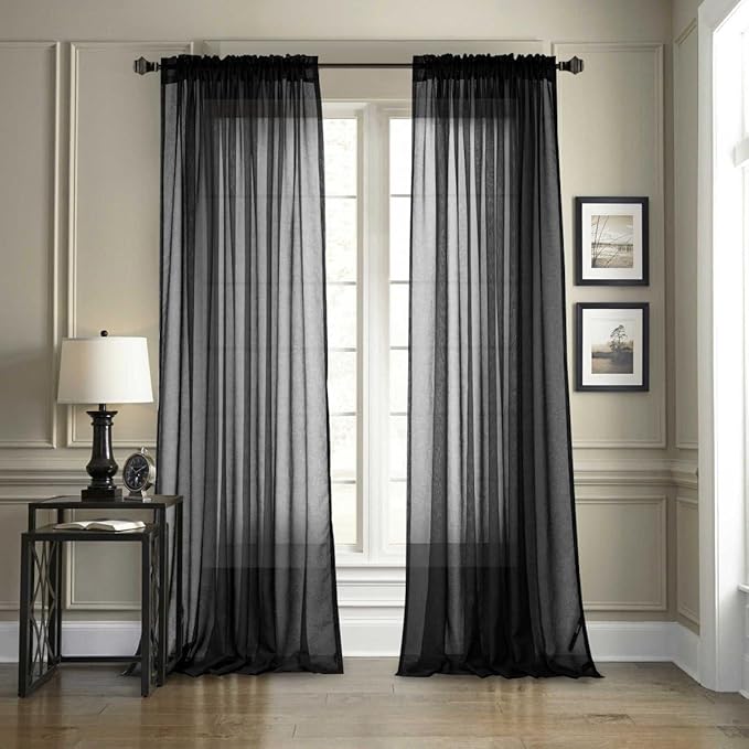 Dreaming Casa Solid Sheer Curtains 108 Inches Long Black Rod Pocket Voile by DreamingCasa
