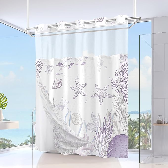 No Hook Shower Curtain with Snap in Liner, Beach Ocean Nautical Coastal Shower - Image 2