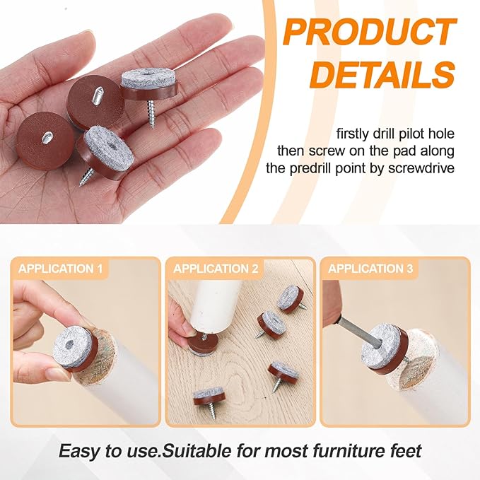60 Pcs Brown Screw on Furniture Felt Pads, Non Slip Furniture Pads, Nail in - Image 4