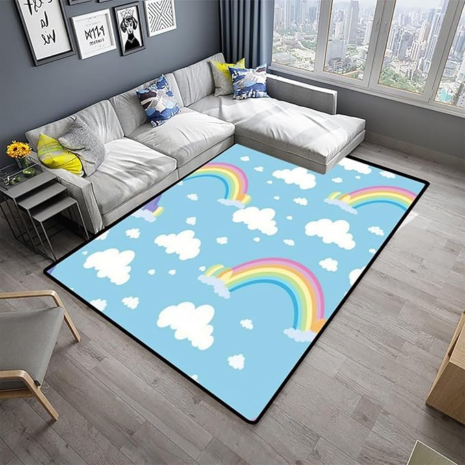 Area Rug, Rainbow and Cloud Pattern Printing Reversible Area Rugs Fade Resistant - Image 2