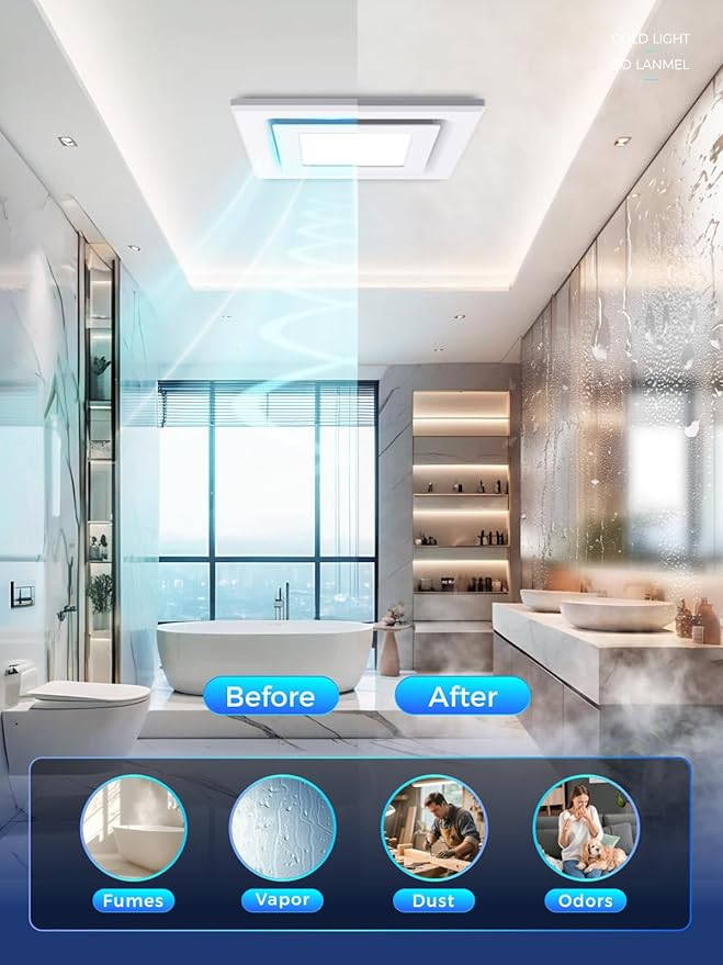 Bathroom Exhaust Fan with Light, 112 CFM 1.0 Sones, Quiet Square Bath Fan Light - Image 4