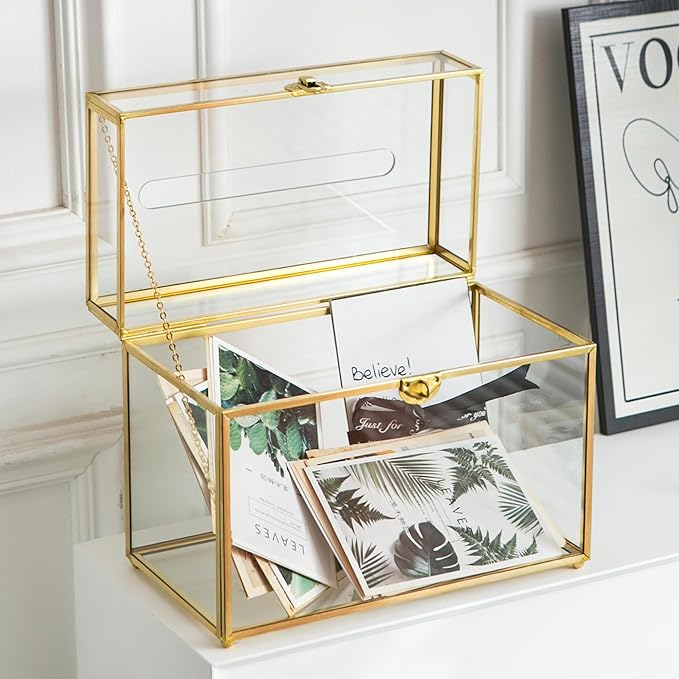 Glass Wedding Card Box with Slot, 10.2 inch Clear Card Box Gold Brass Gift Card - Image 3