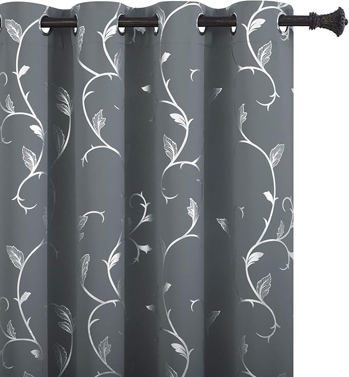BUHUA Light Grey Floral Print Curtains Silver Wave Vine Pattern Blackout by BUHUA