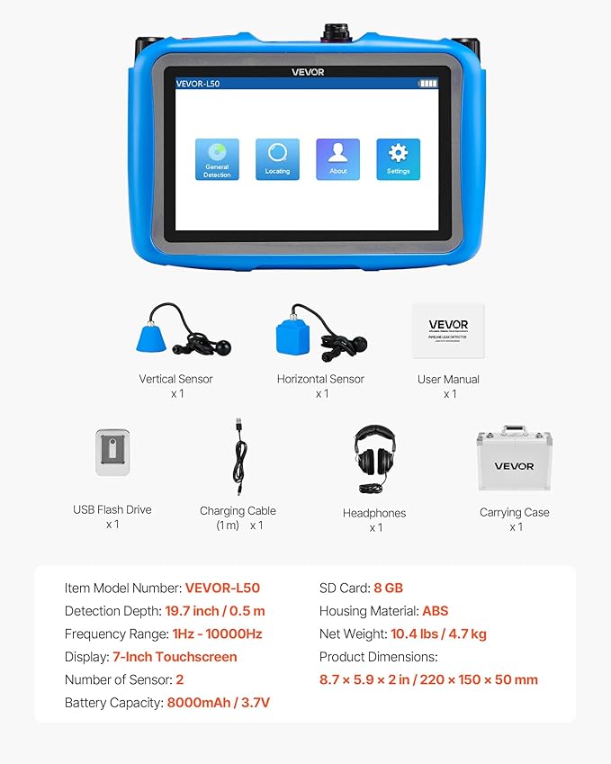 VEVOR Pipe Water Leak Detector for Indoors, 1Hz-10000Hz, Headphones, 8GB SD - Image 7