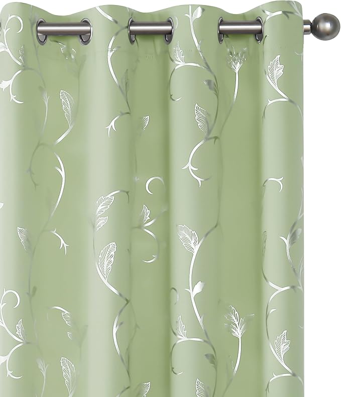 BUHUA Blackout Curtains Silver Foil Print Flower Vine Grommet Drapes, Room by BUHUA