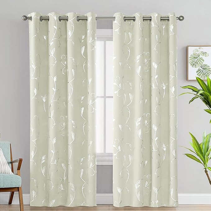 BUHUA Blackout Curtains Silver Foil Print Flower Vine Grommet Drapes, Room - Image 2