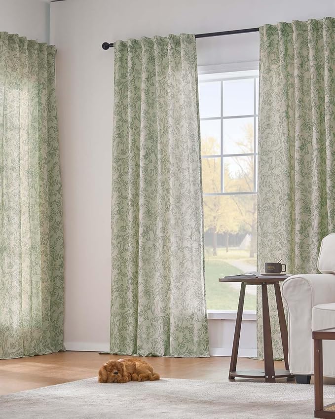 Vangao Lined Linen Curtains for Bedroom Floral Curtains 96 Inches Long Green - Image 5