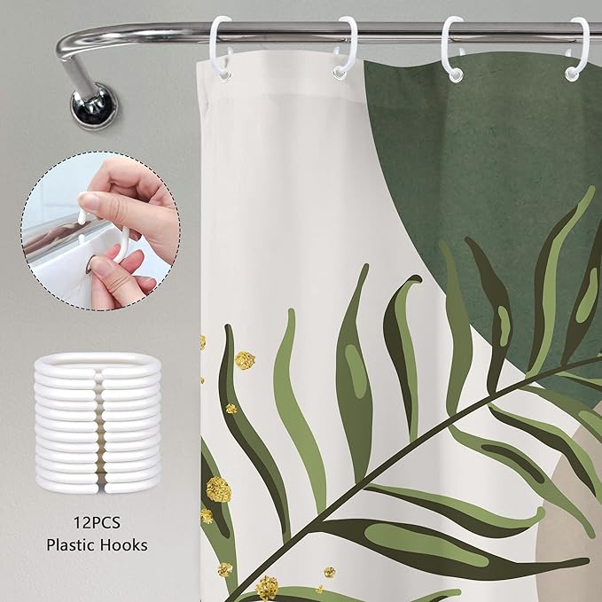 Green Boho Mid Century Shower Curtain 72Wx72H Abstract Gold Leaves Grey Modern - Image 4
