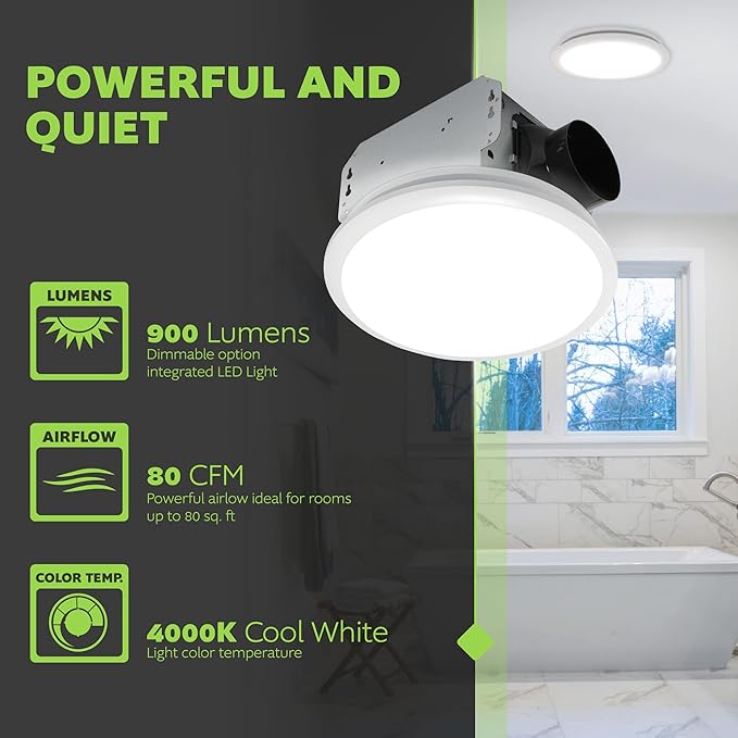 Homewerks 7141-80 Bathroom Fan Integrated LED Light Ceiling Mount Exhaust - Image 3