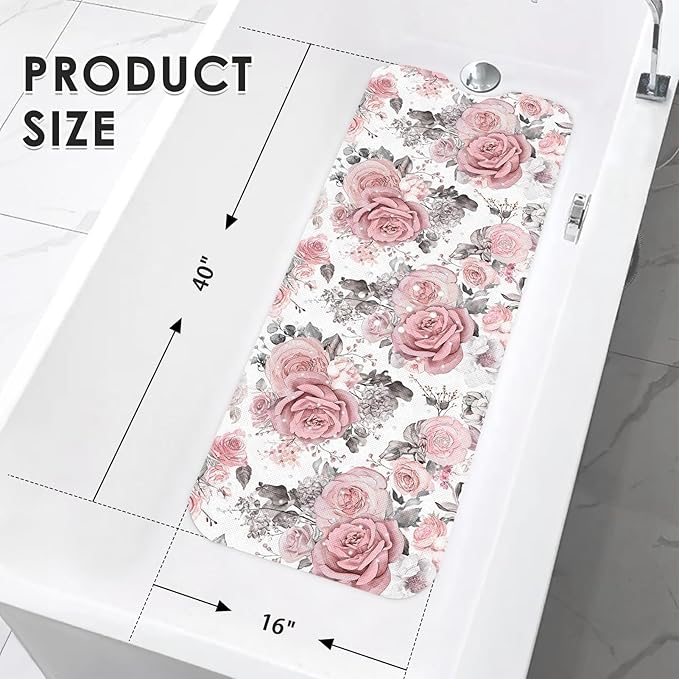 Pink Flower Leaves Bath Mat Non Slip, Floral Rose Spring 40 X 16 Inch Extra - Image 2