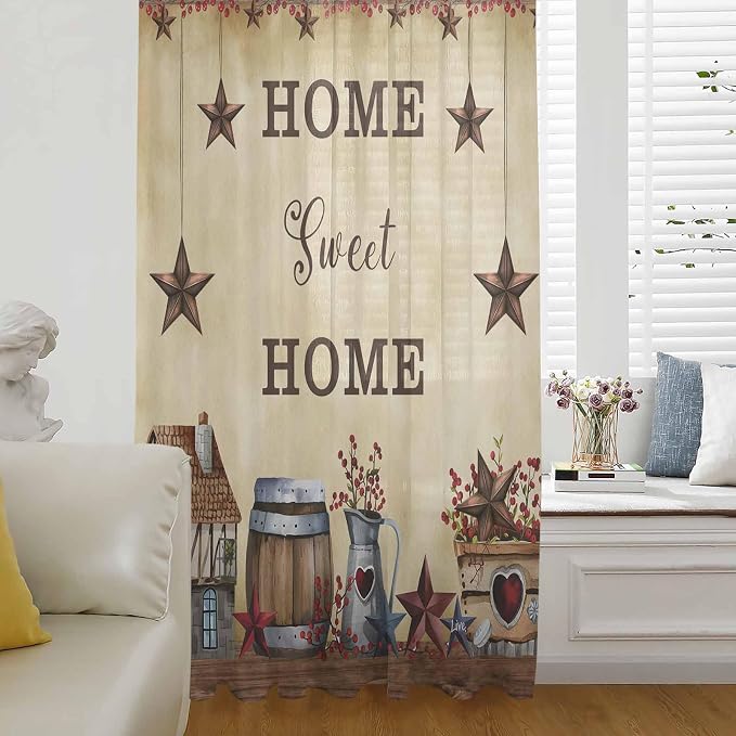 Farm Sheer Curtains 54 Inch Length American Country Barn Star Vintage Berry by Unknown