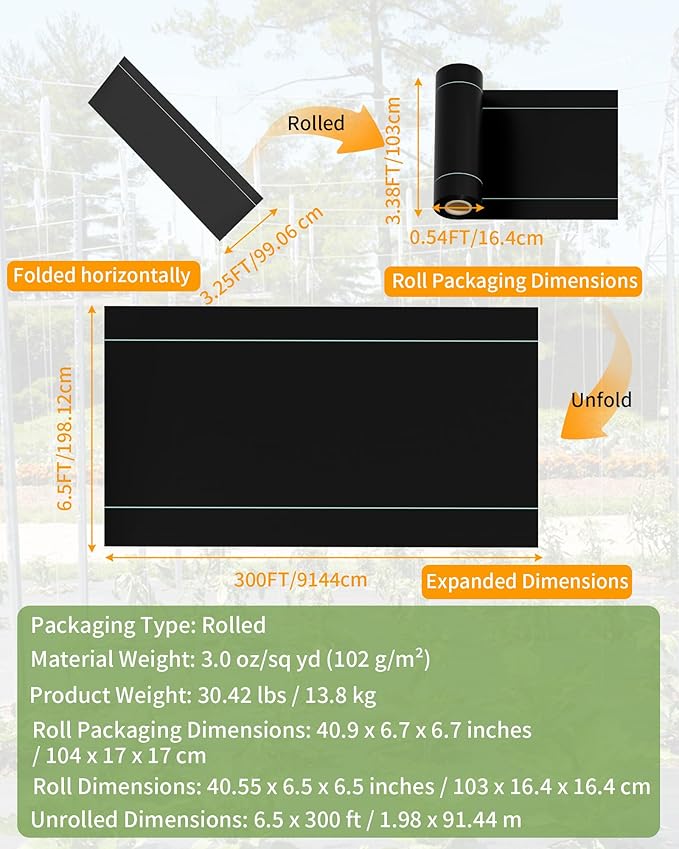 6.5ftx300ft Weed Barrier Landscape Fabric Heavy Duty, Premium 3OZ Garden - Image 2