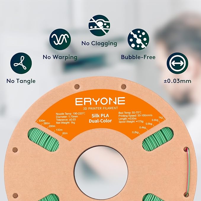 ERYONE Silk Dual Color PLA Filament 3D Printer 1.75mm +/- 0.03mm, Bicolor - Image 4
