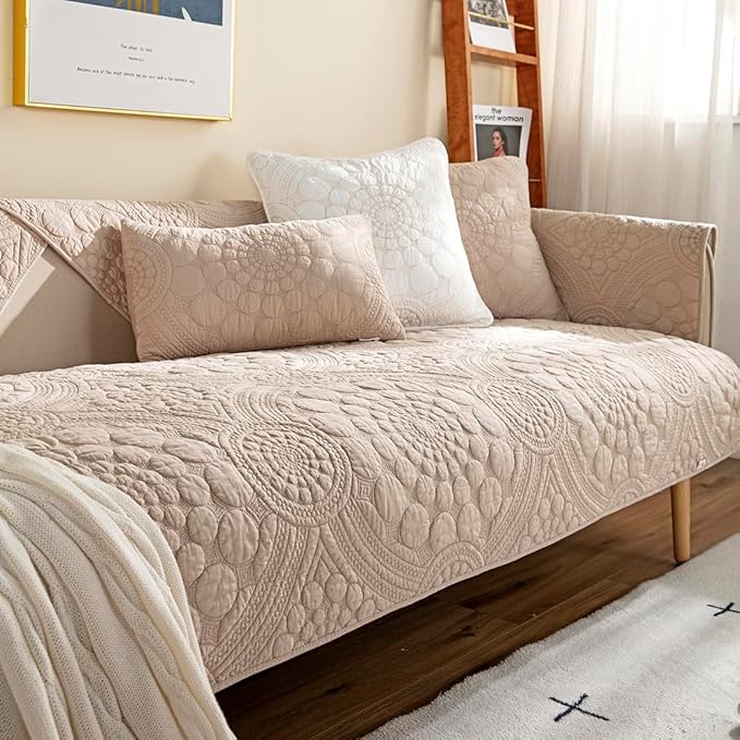 vctops Boho Circle Embroidery Couch Sofa Cover Solid Color Cotton Quilted by vctops