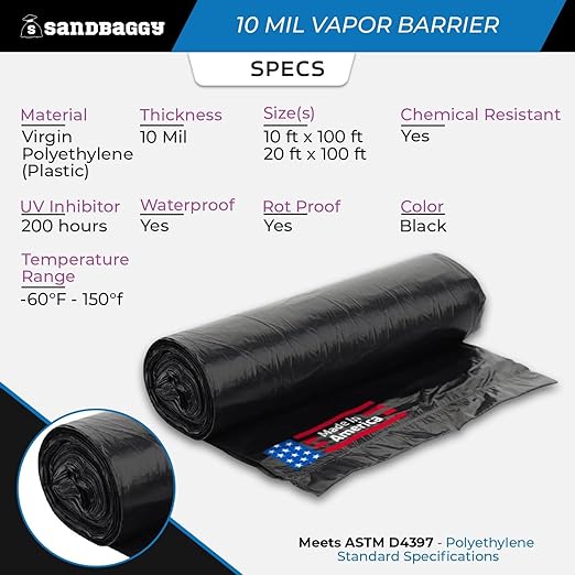 Sandbaggy 20 ft x 100 ft Vapor Barrier 10 Mil | Polyethylene | Black Plastic - Image 2