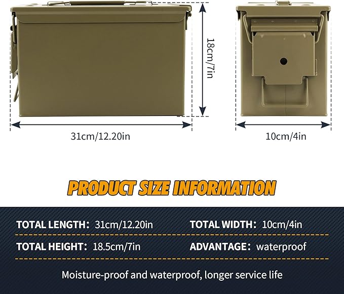 GUGULUZA Metal Ammo Can 30/50 Cal, Lockable Bullet Storage Case, Waterproof & - Image 2