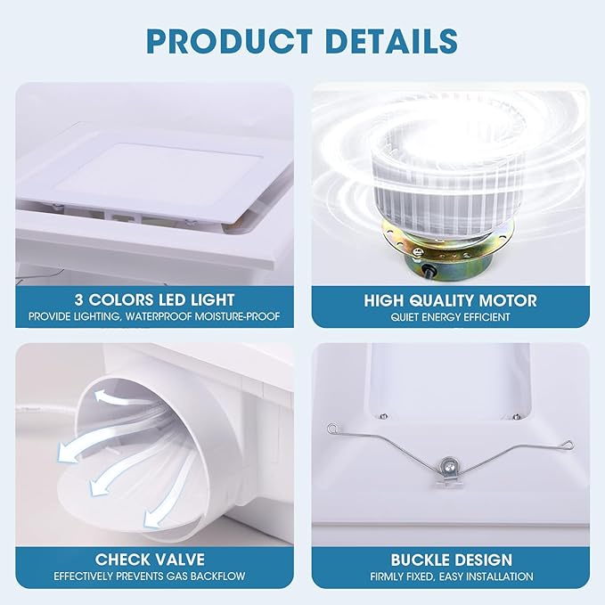 Bathroom Exhaust Fan with Light, Ultra-Quiet 100 CFM Ventilation & 3CCT LED - Image 4