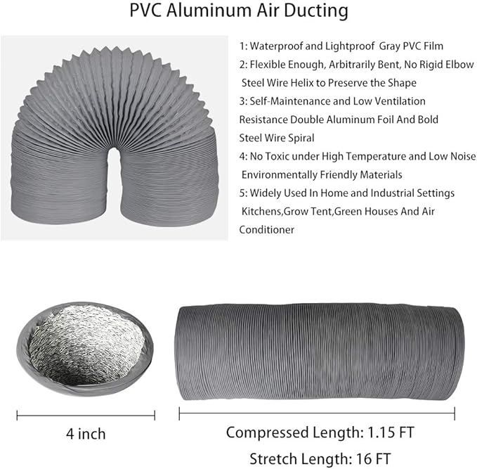 4 Inch 16FT Air Duct, Aluminum Clothing Dryer Vent Hose, 2 Clamps Include… - Image 2