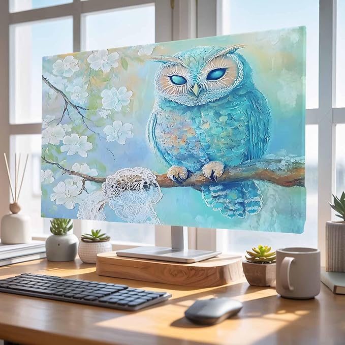 Watercolor Blue Owl Indoor TV Cover, Elastic TV Screen Protector Retro White - Image 5