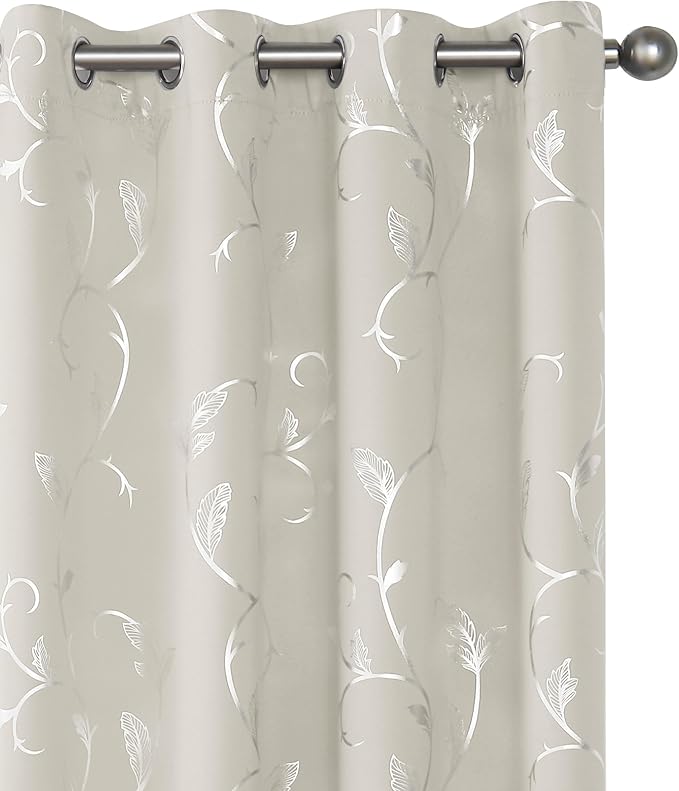 BUHUA Blackout Curtains Silver Foil Print Flower Vine Grommet Drapes, Room by BUHUA