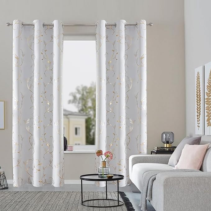 BUHUA Blackout Curtains Gold Foil Print Flower Vine Grommet Drapes, Room - Image 5