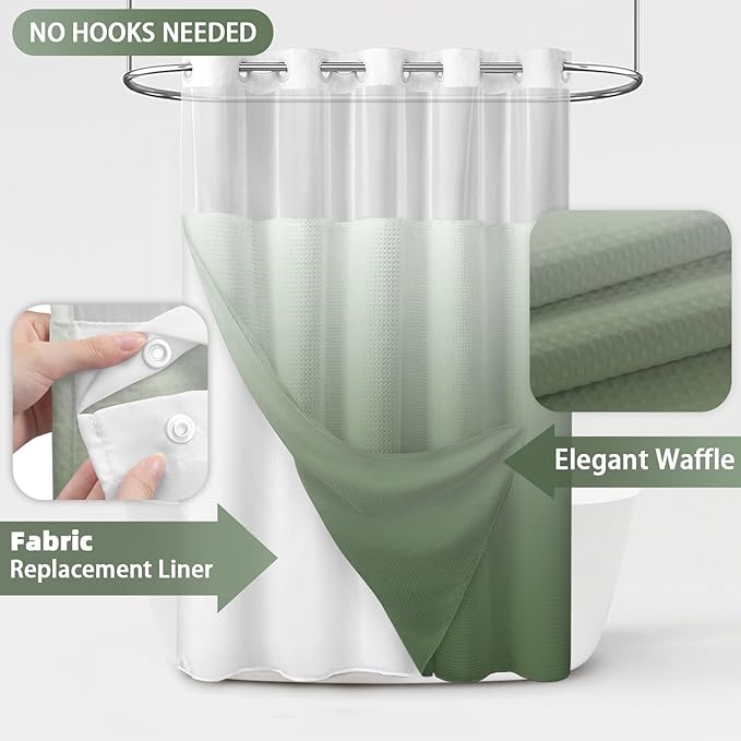 No Hook Shower Curtain and Liner Set, Ombre Green Hotel Waffle Shower Curtain - Image 2