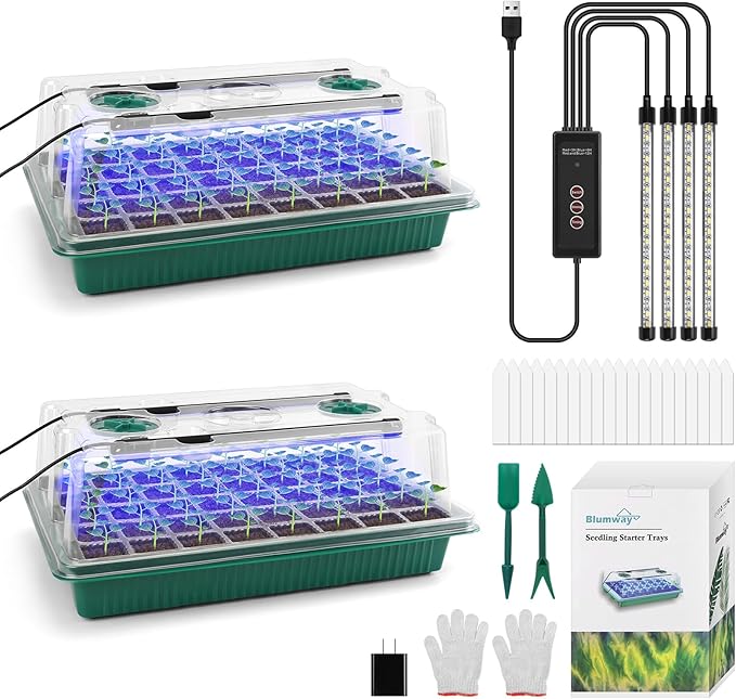 BlumWay Seed Starter Tray with Grow Light, 2 Pack 80 Cells Seedling Tray Kit by BlumWay