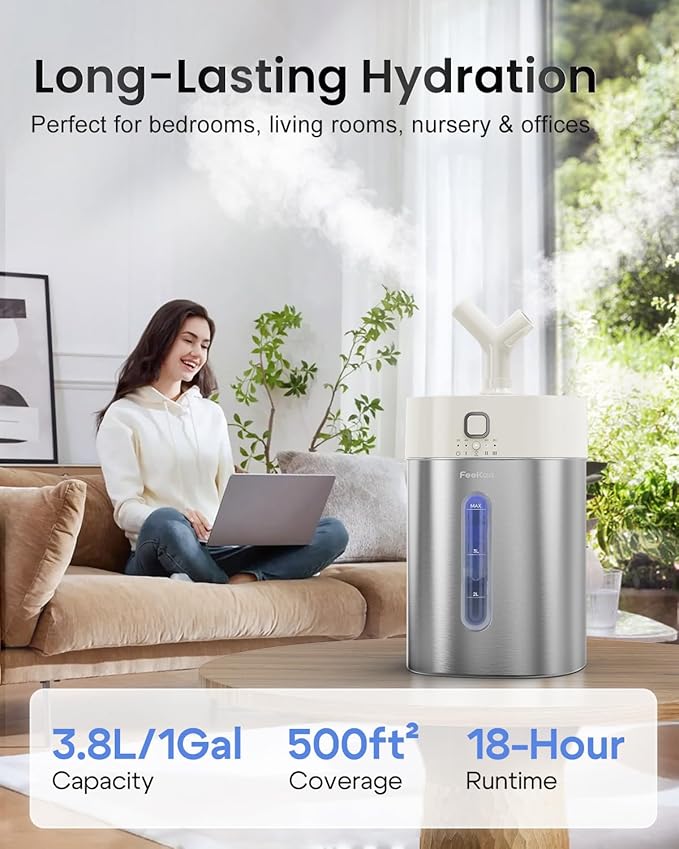 Feekaa Stainless Steel Humidifier, 3.8L/1Gal Cool Mist Humidifiers - Image 2