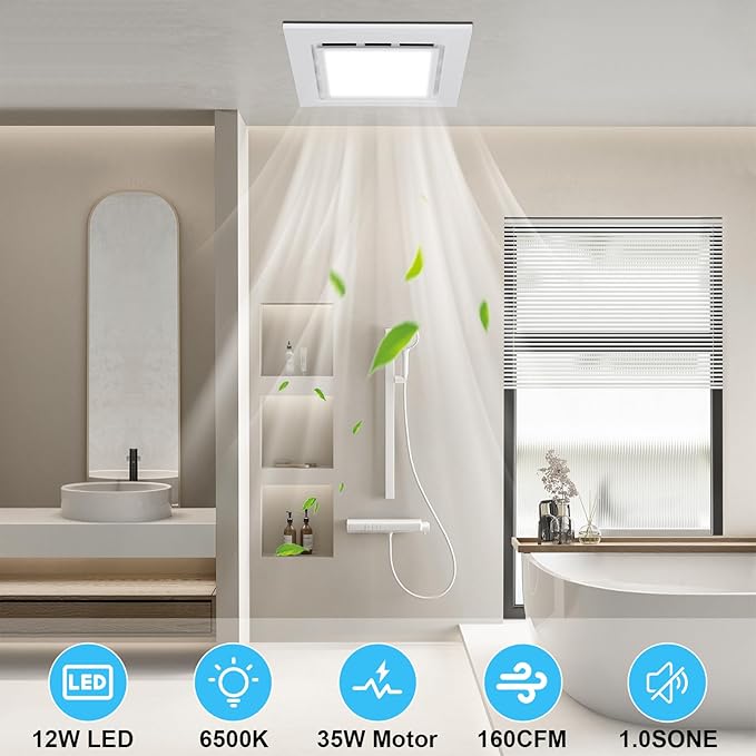 Bathroom Exhaust Fan with Light Ultra Quiet Ventilation Fan Combo 1.0 Sone - Image 2